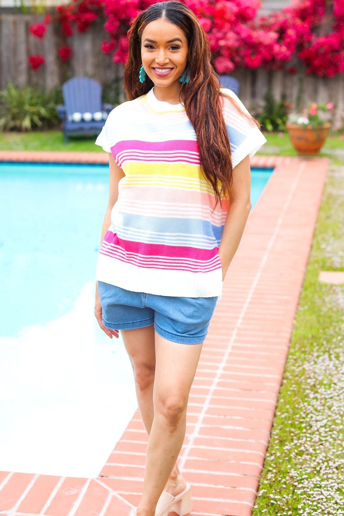 Feeling Playful Blue & Fuchsia Striped Short Dolman Sleeve Knit Top