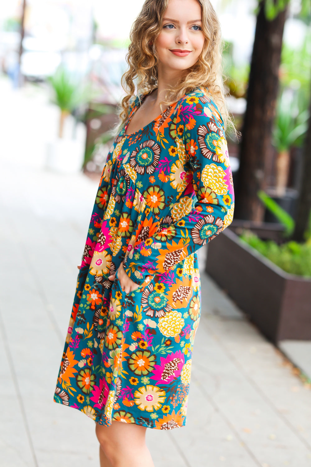 All About It Teal Vibrant Floral Pocketed Dress