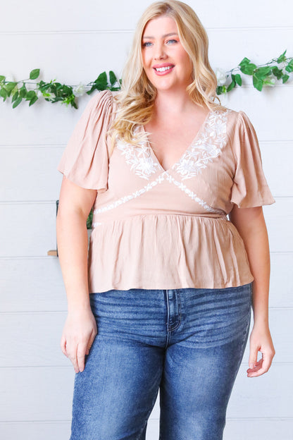 Taupe Crinkle Embroidered Smocked Babydoll Top