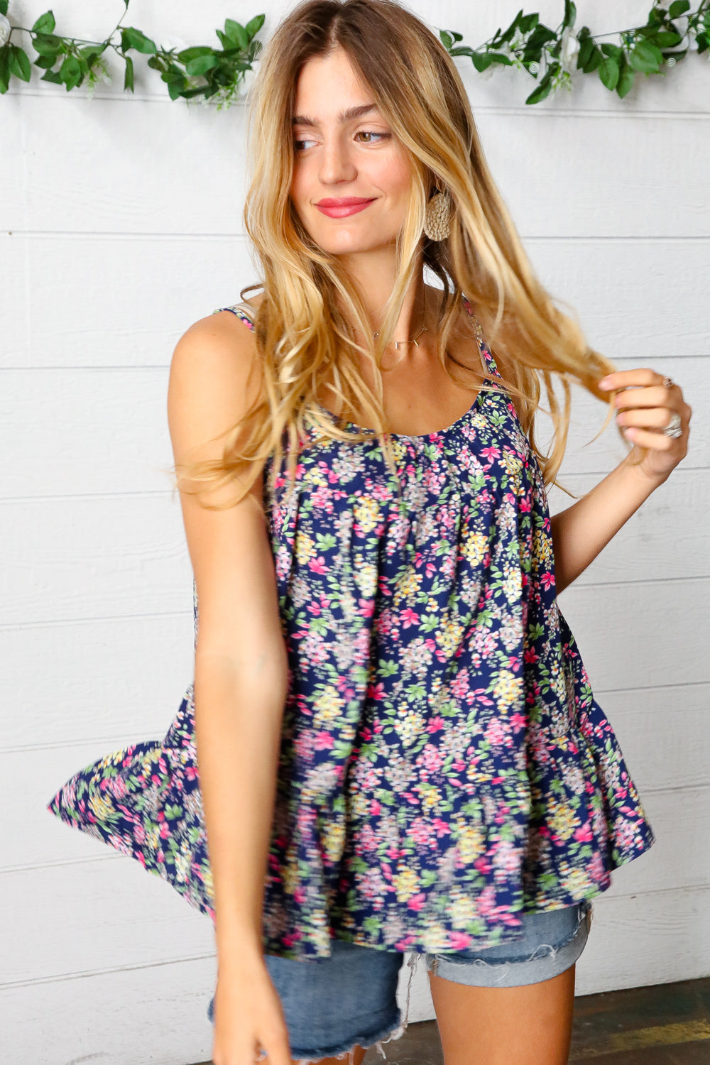 Navy Floral Ruffle Hem Sleeveless Top