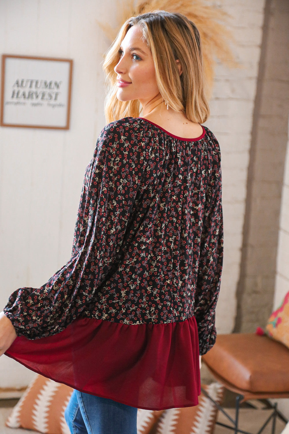 Wine Ditzy Floral Front Tie Ruffle Hem Top