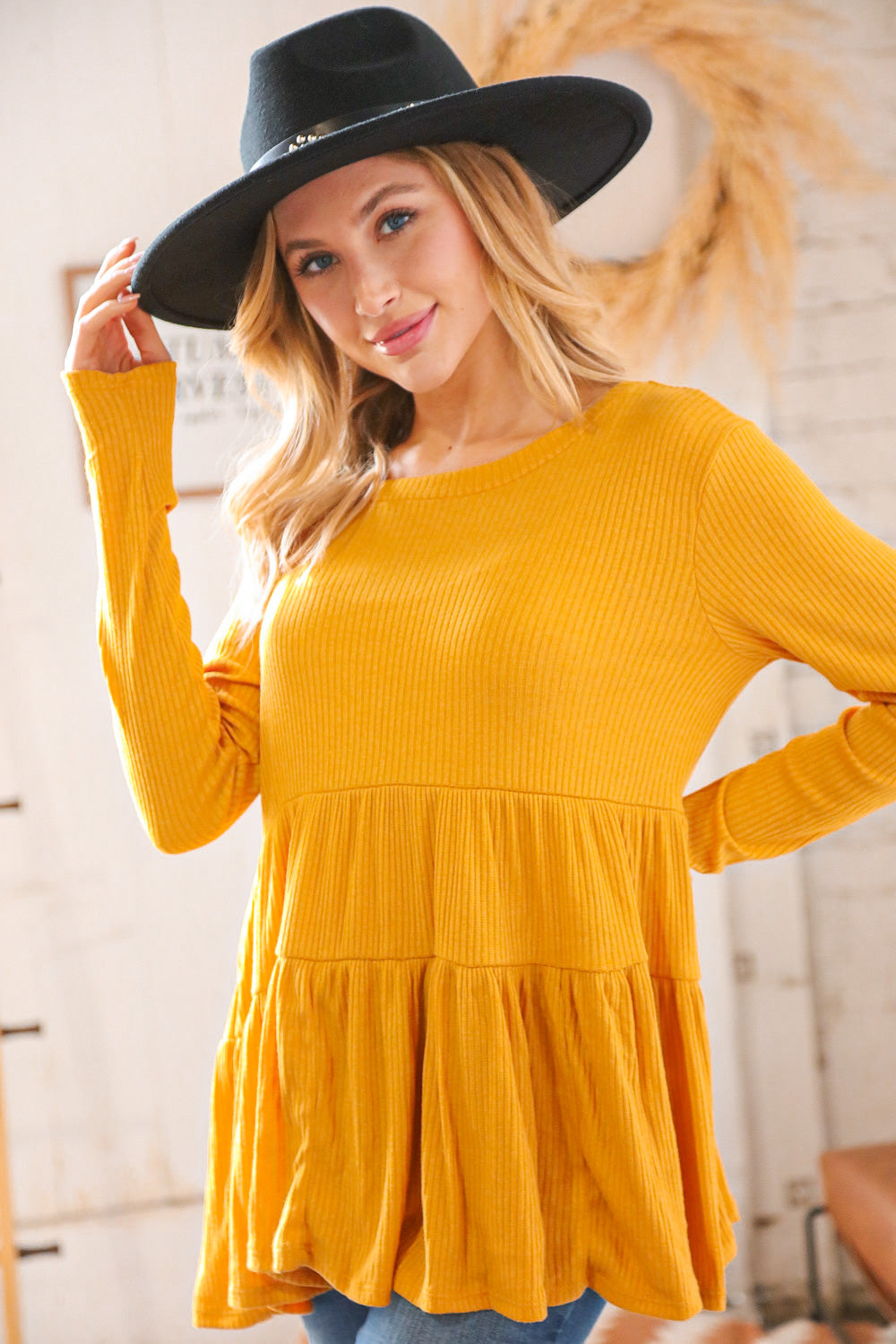 Sunflower Hacci Ribbed Tiered Babydoll Top