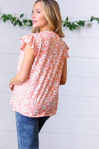 Peach Floral Print Frilled Short Sleeve Yoke Top