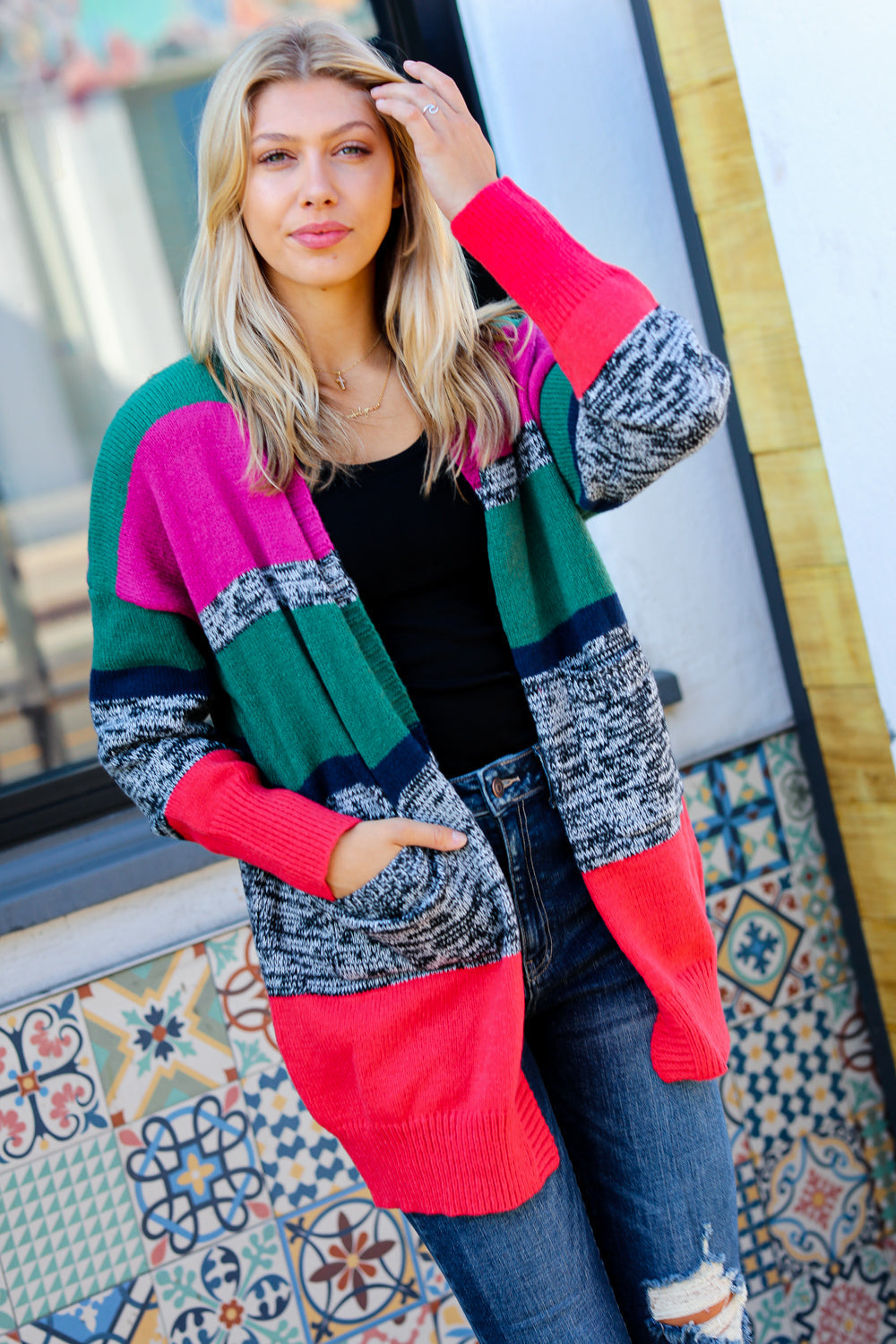 Face The Day Magenta & Hunter Green Two Tone Cardigan