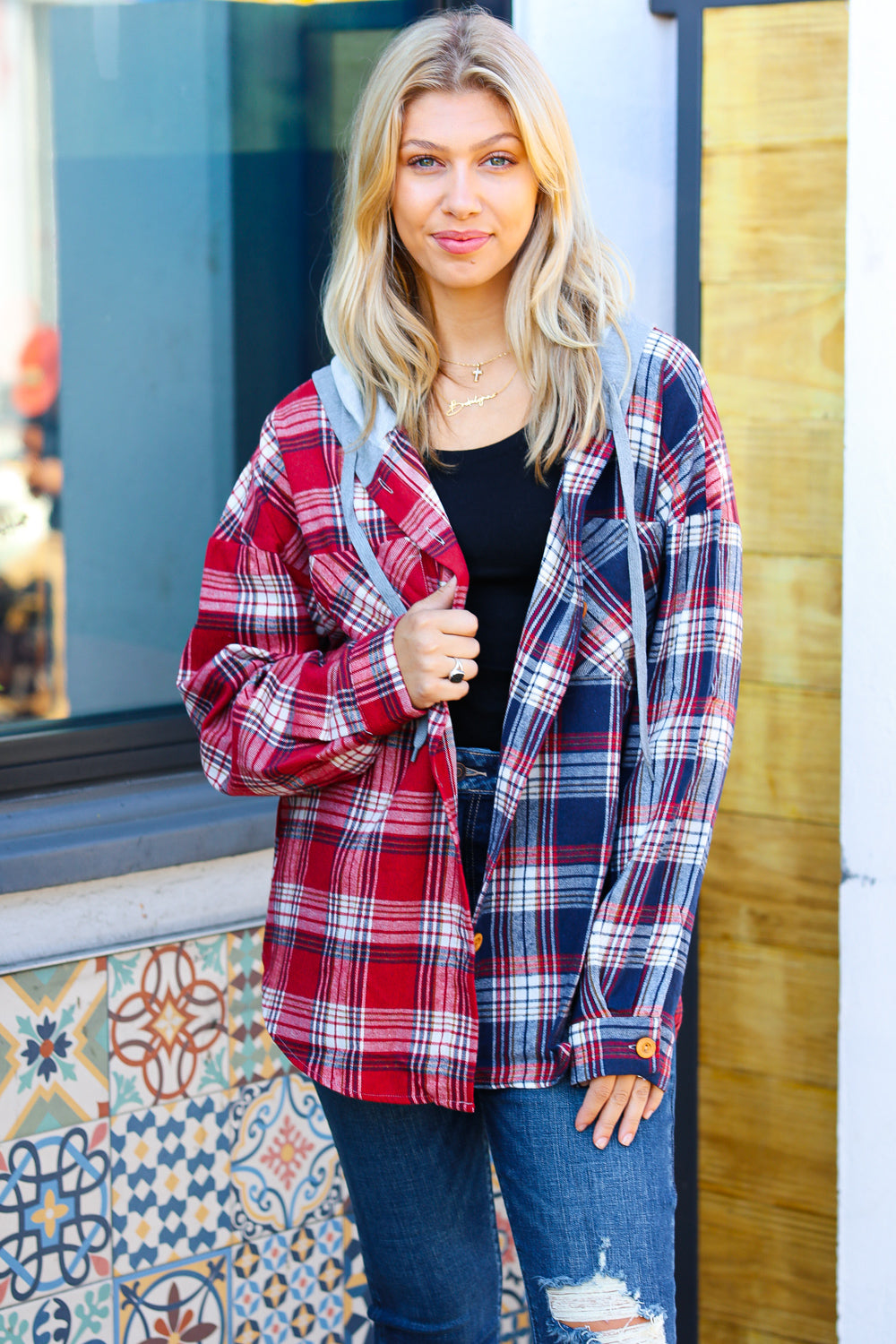 Face the Day Red/Navy Plaid Color Block Hoodie Shacket