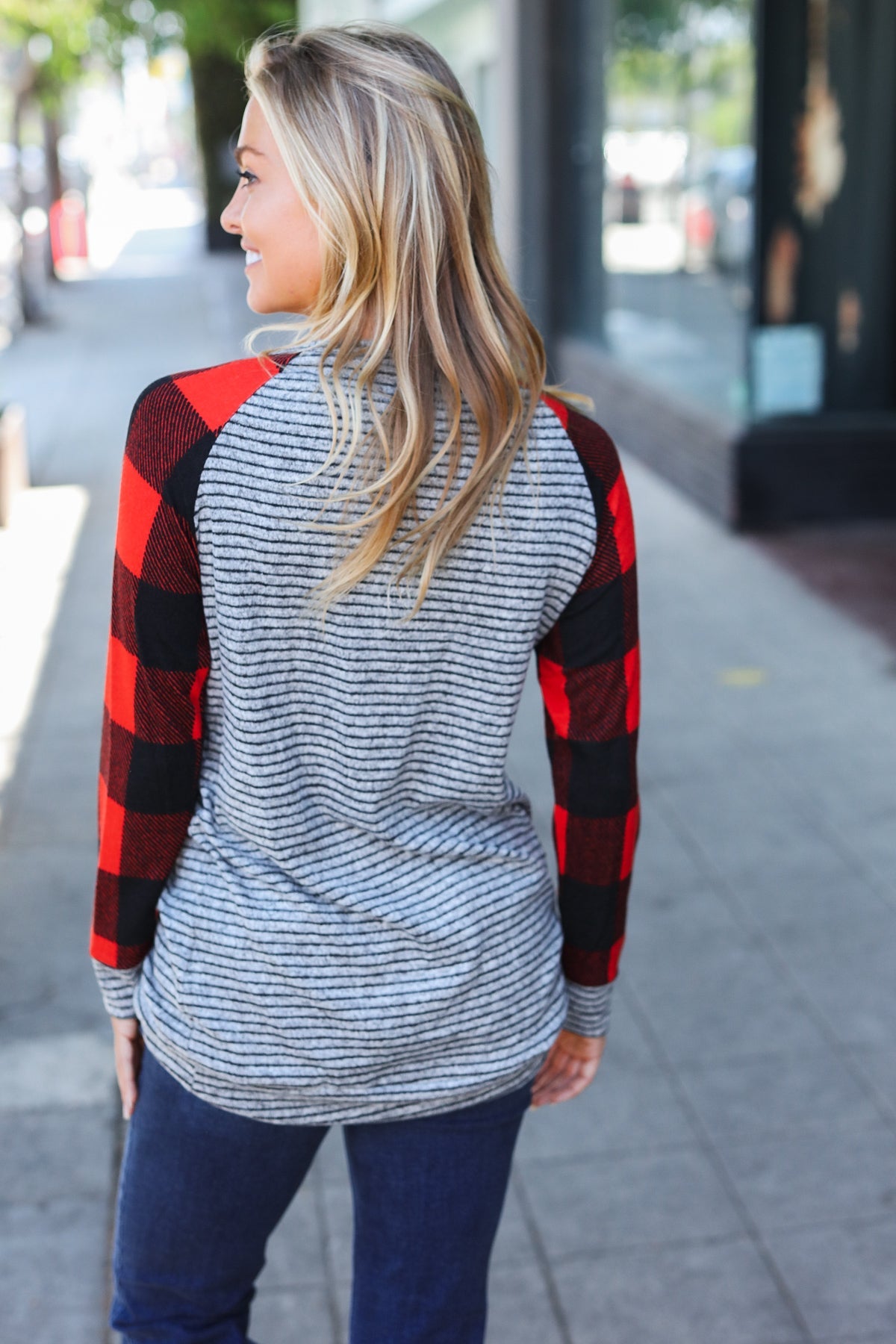 Adorable Red & Grey Striped Plaid Longline Raglan Top