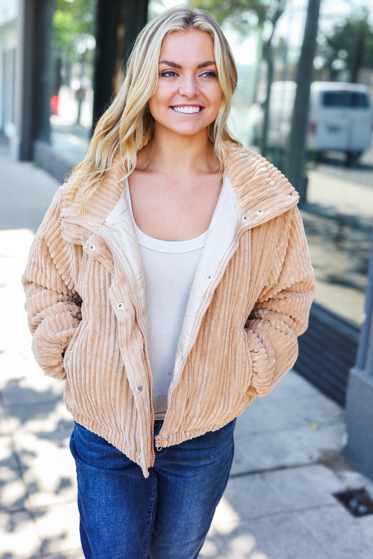 Casual Chic Latte Corduroy Ribbed High Neck Puffer Jacket