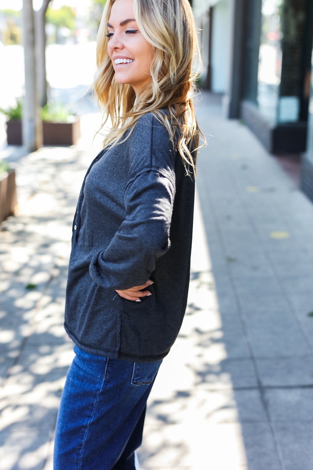 Casual Days Charcoal Henley Button Down V Neck Top