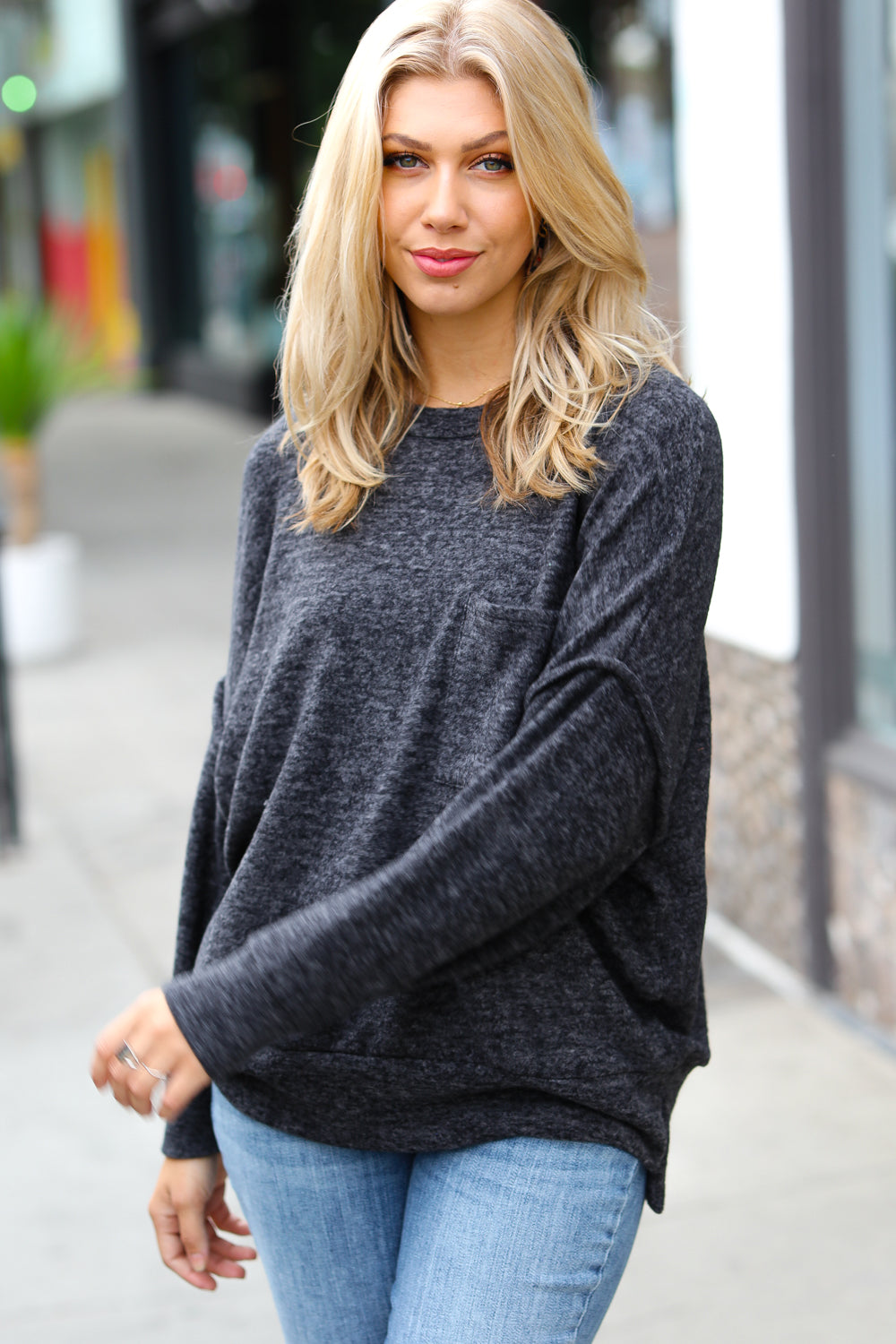 Stay Awhile Charcoal Drop Shoulder Melange Sweater