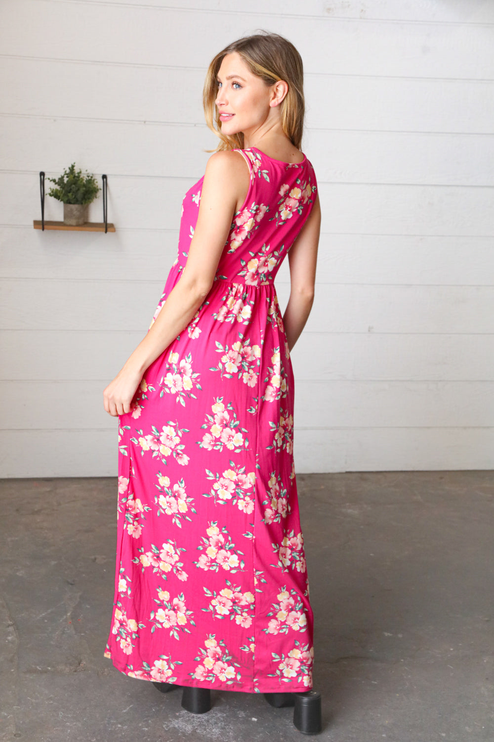 Yellow & Fuchsia Floral Fit and Flare Sleeveless Maxi Dress