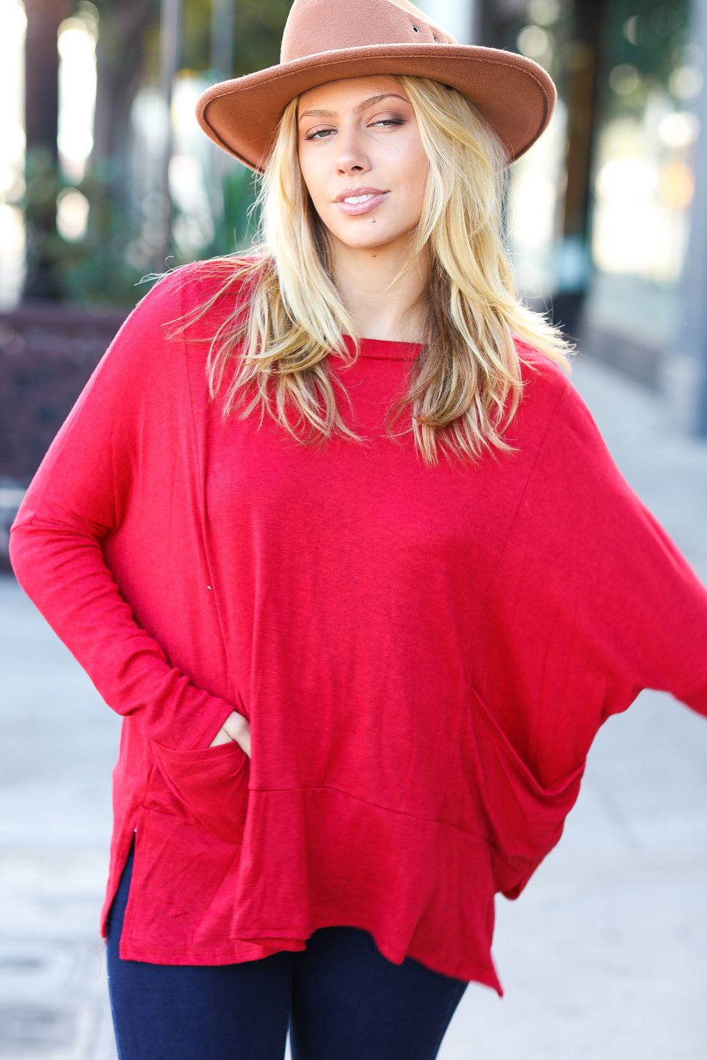 Going My Way Red Hacci Dolman Pocketed Sweater Top