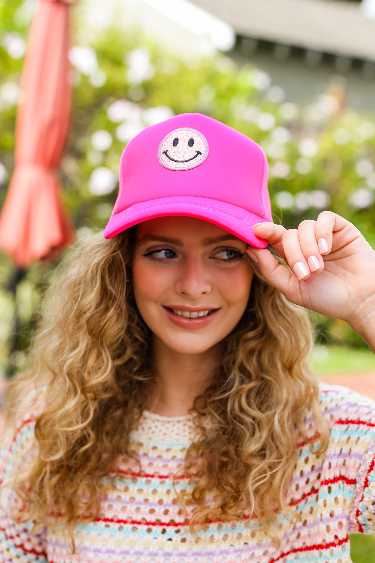 Neon Pink Glitter Smiley Face Mesh Trucker Hat