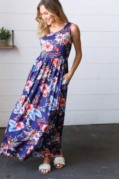 Navy Floral Fit and Flare Sleeveless Maxi Dress