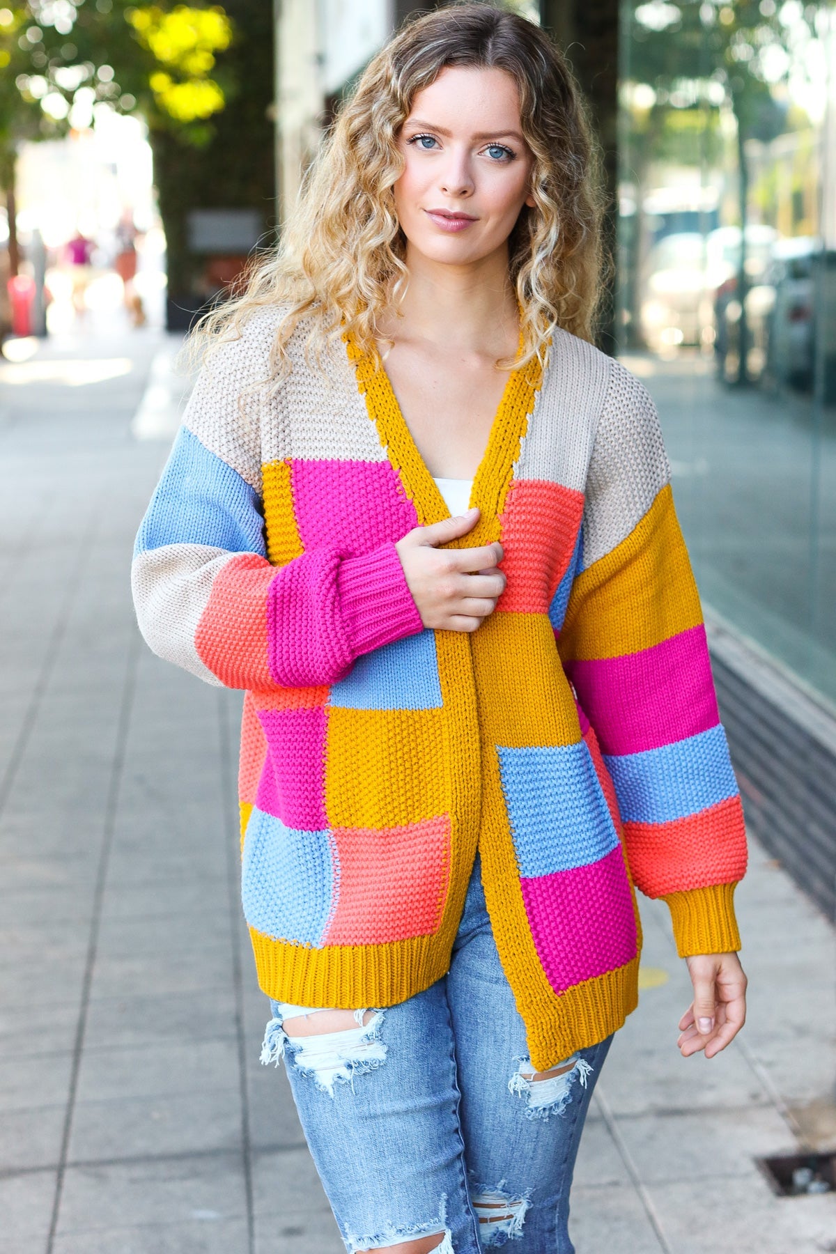 Spread Joy Multicolor Chunky Knit Color Block Patchwork Cardigan