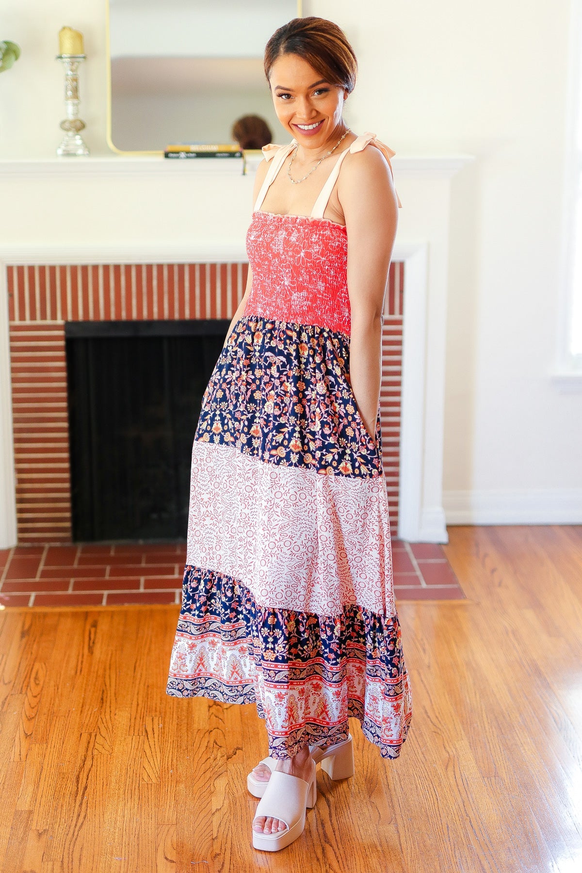 Vacay Vibes Orange Floral Smocked Tube Top Tiered Maxi Dress