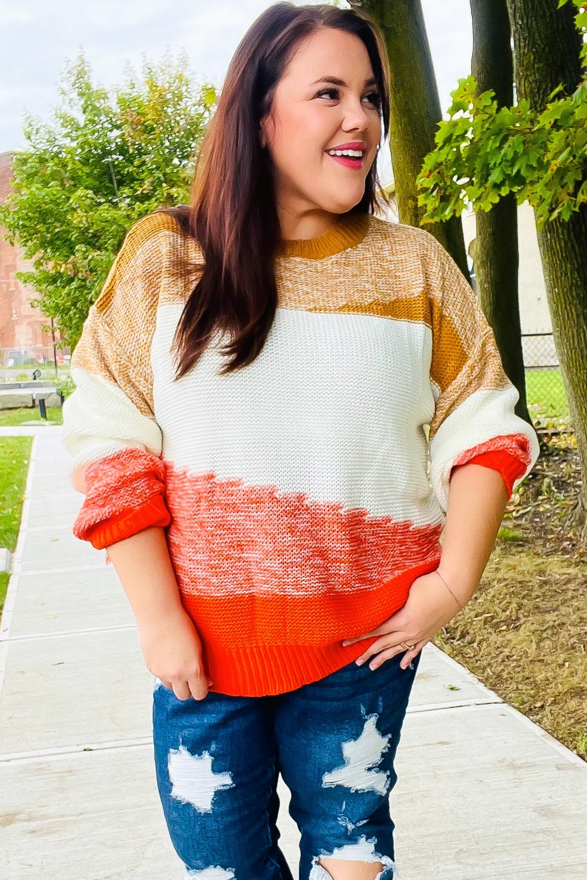 Adorable You Camel & Orange Color Block Sweater