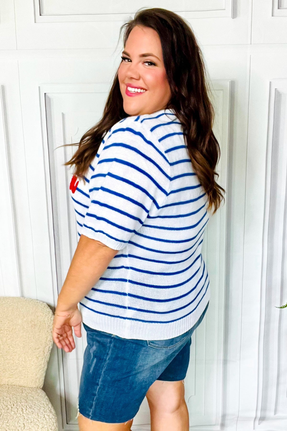 America Proud Blue Striped Embroidered Puff Sleeve Top