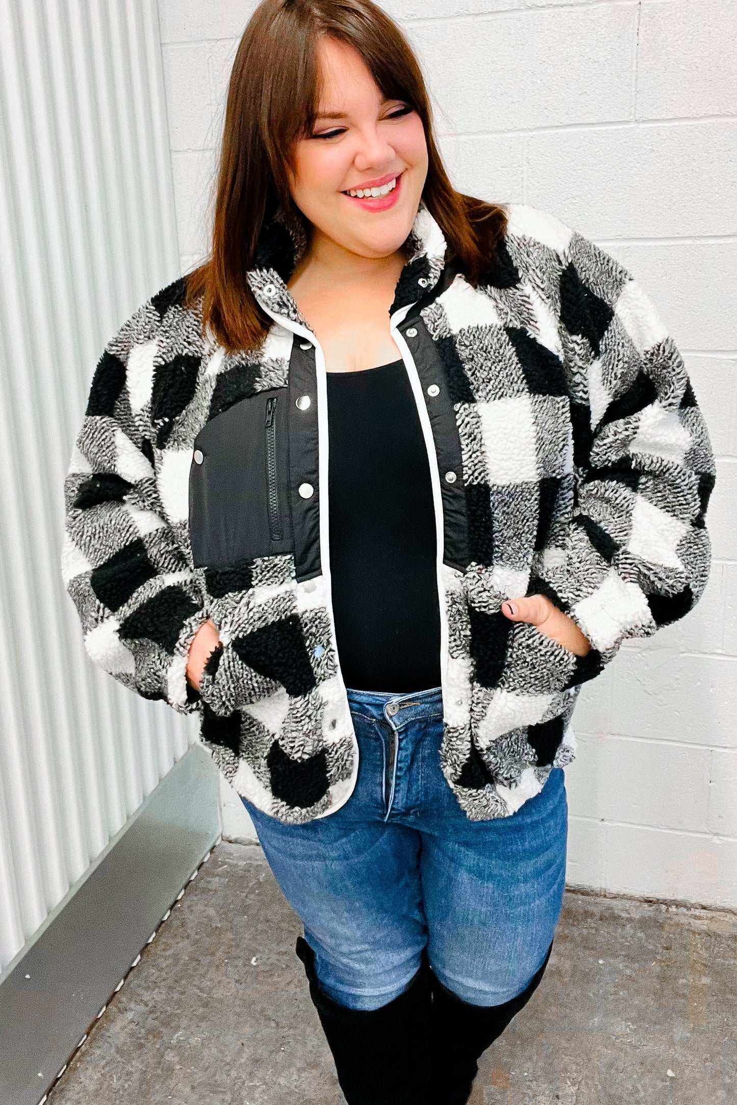 It's Your Best Black & Ivory Plaid Sherpa Button Down Jacket
