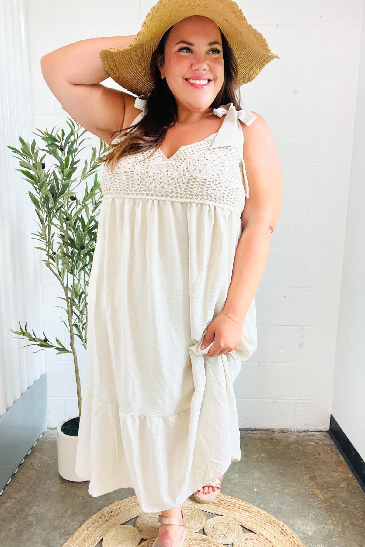 Feeling Your Best Oatmeal Crochet Lace Babydoll Maxi Dress