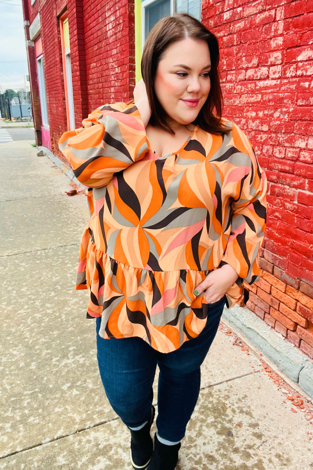 In My Thoughts Rust Abstract V Neck Peplum Top