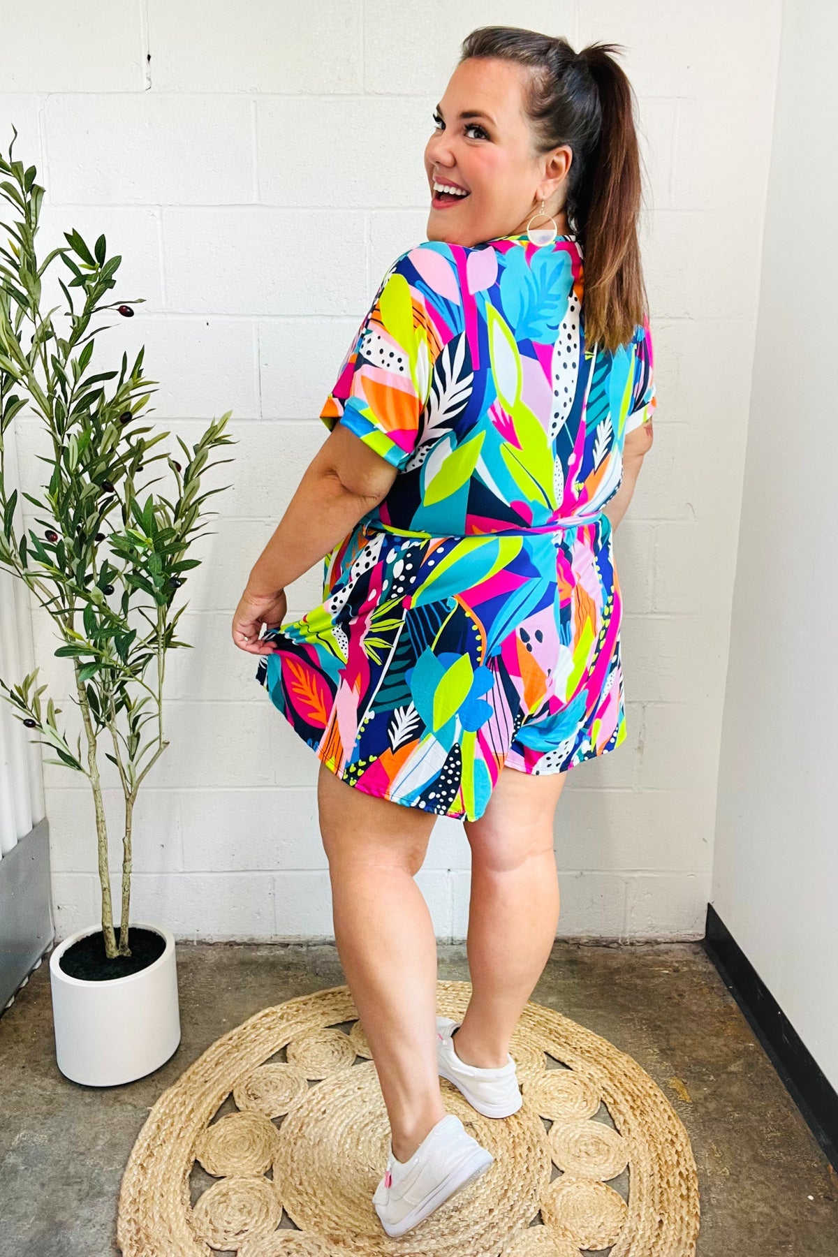 Tropical Vibes Multicolor Tropical Print Surplice Tie Waist Romper