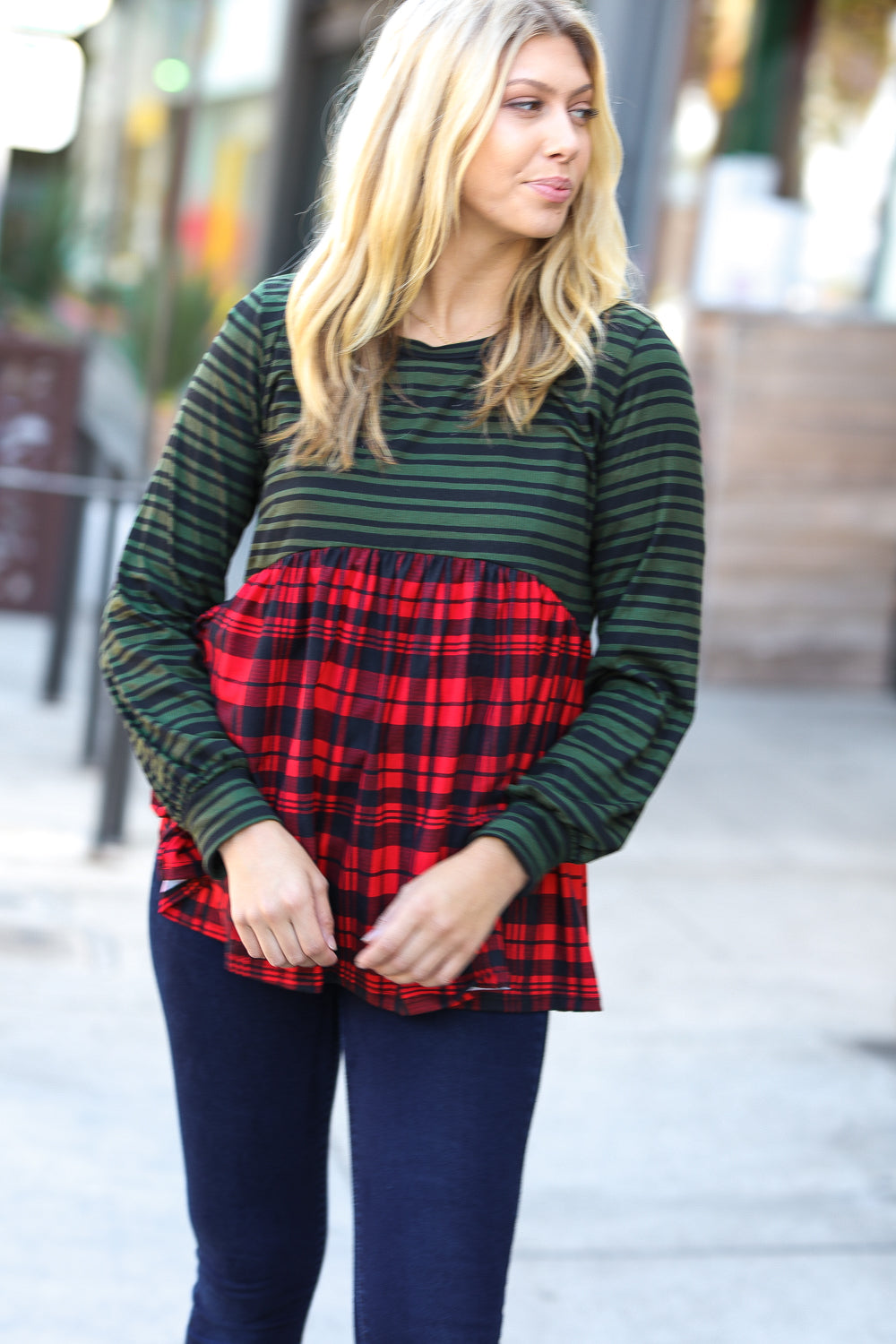 Holiday Plaid Babydoll Color Block Swing Top