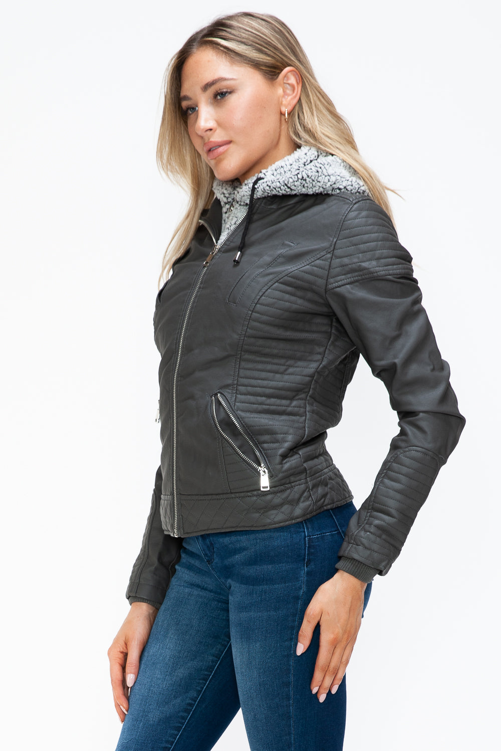 YMI Faux Layered Double-Zipper Jacket with Fuzzy Hood