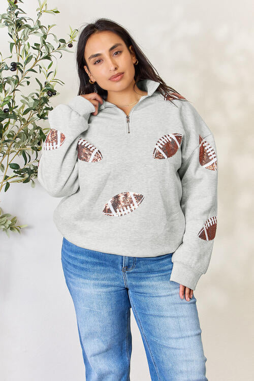 Double Take Full Size Sequin Football Half Zip Long Sleeve Sweatshirt