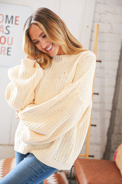 Cream Round Neck Bubble Sleeve Loose Fit Sweater