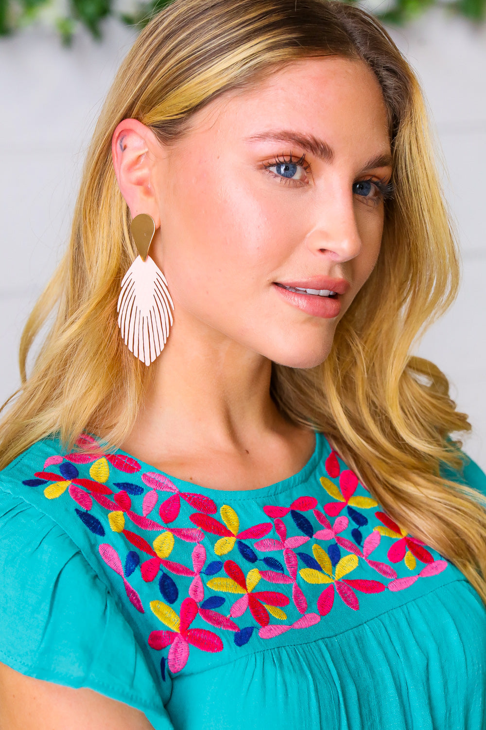 Blush & Gold Leather Fringe Feather Earrings
