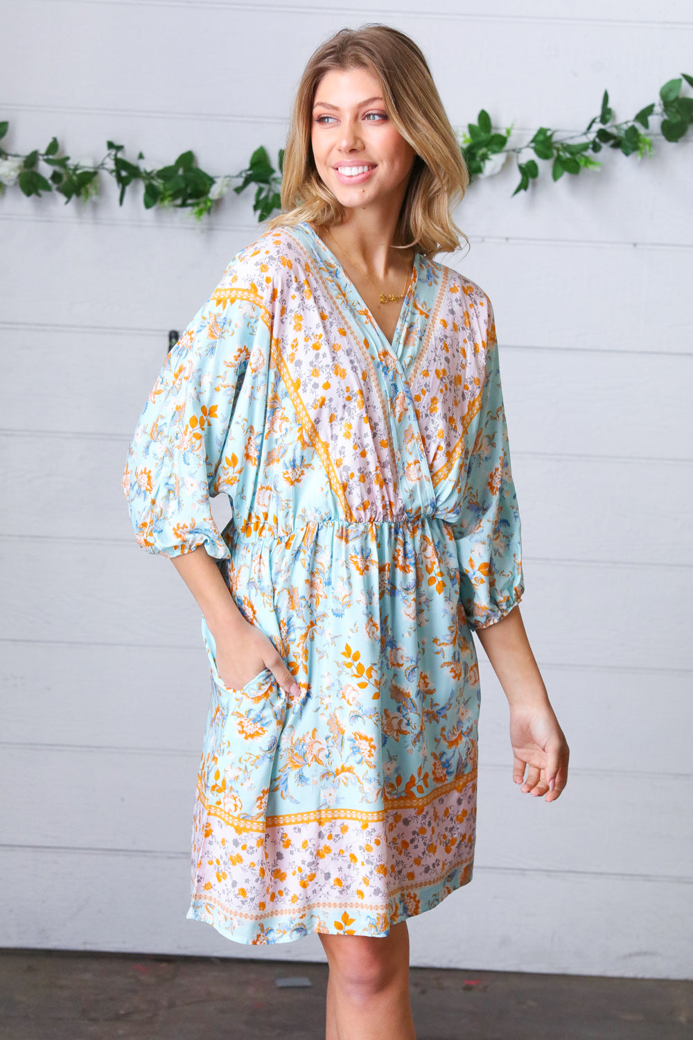 Light Blue Boho Challis Surplice Pocketed Dress