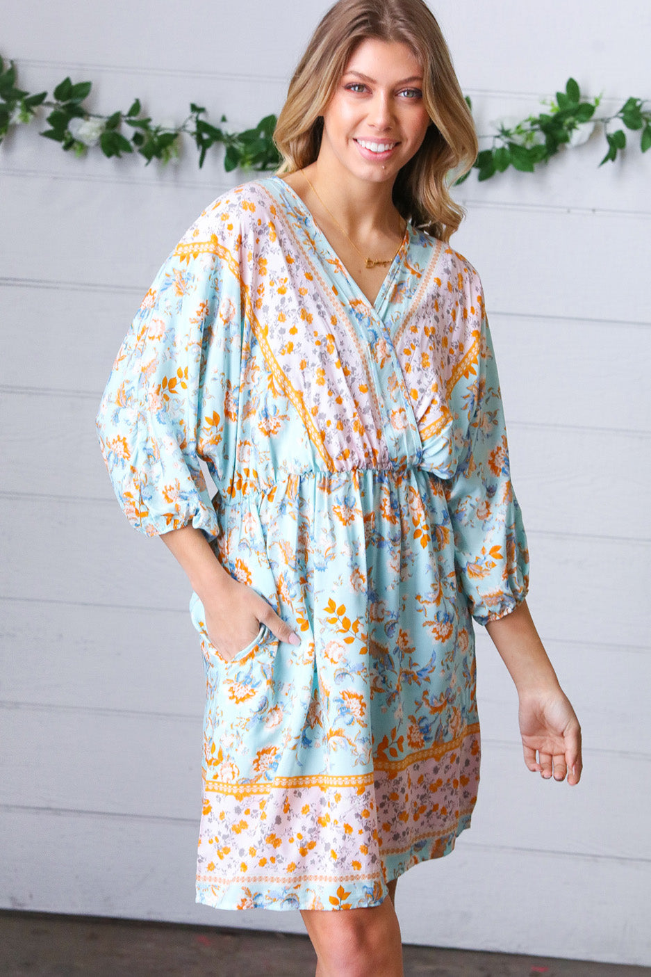 Light Blue Boho Challis Surplice Pocketed Dress