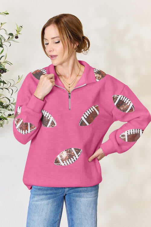 Double Take Full Size Sequin Football Half Zip Long Sleeve Sweatshirt