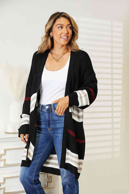 Double Take Striped Rib-Knit Drop Shoulder Open Front Cardigan