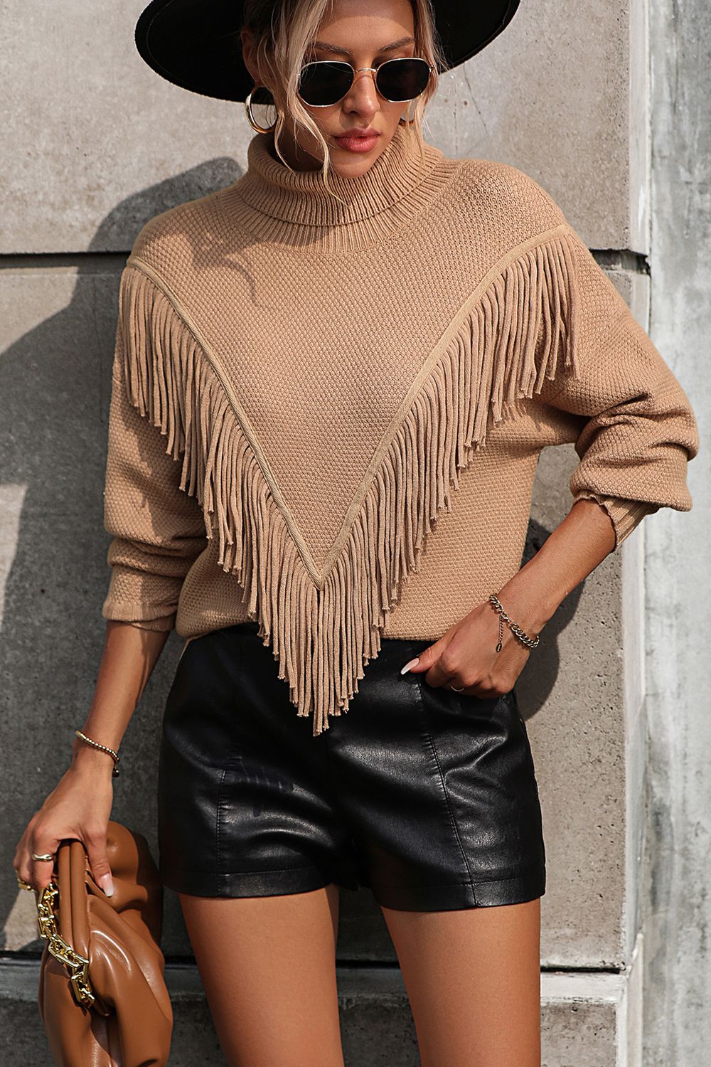 Turtle Neck Tassel Front Long Sleeve Pullover Sweater